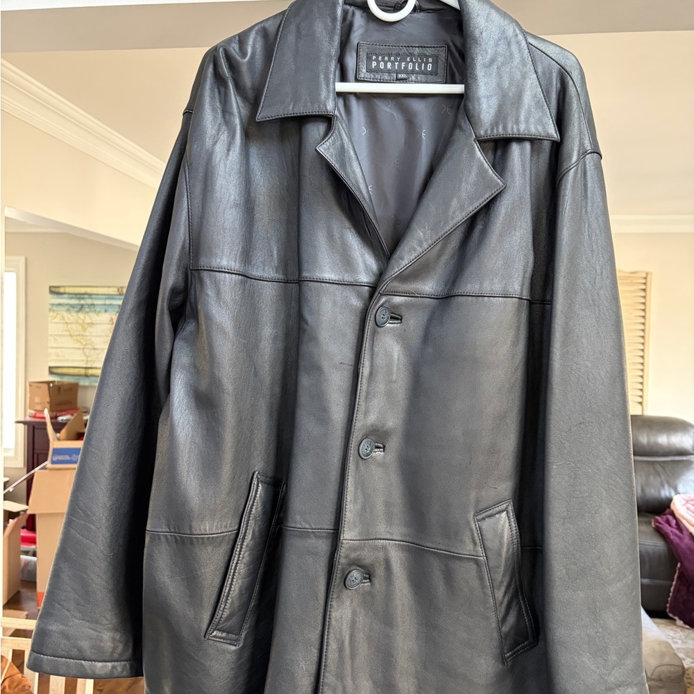 Perry Ellis Leather Black Pea Coat